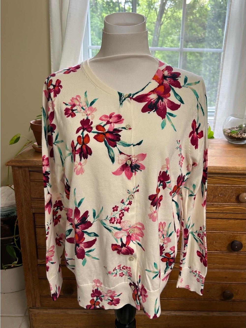 Lands End Cream Floral Button-Up Cardigan with Pink & Teal Blooms Size Large